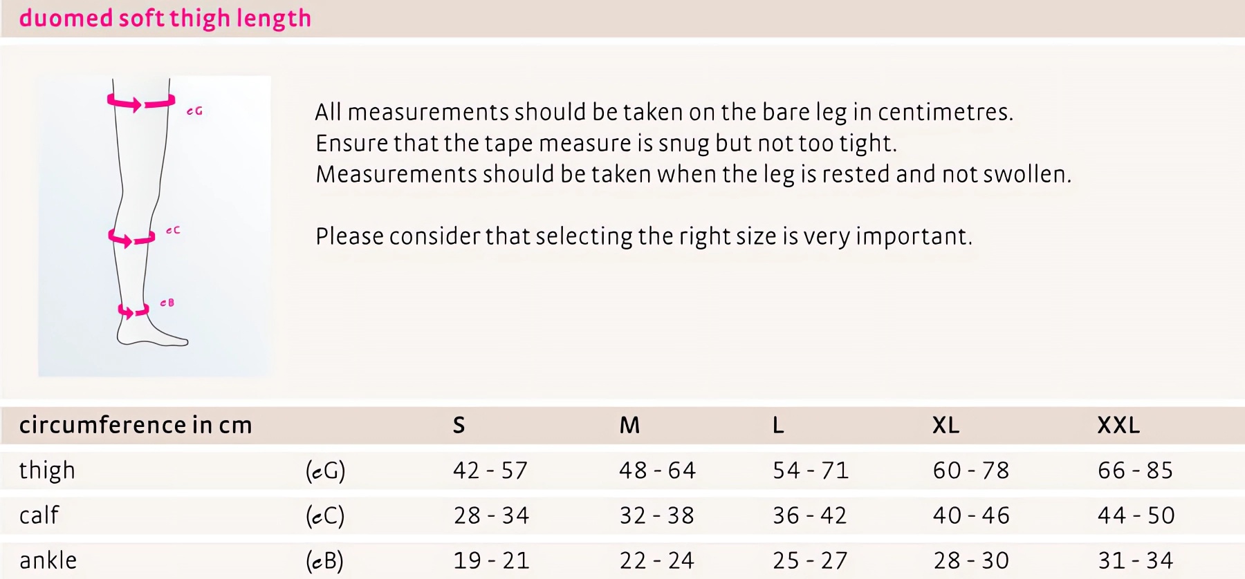 Duomed Soft thigh high size chart